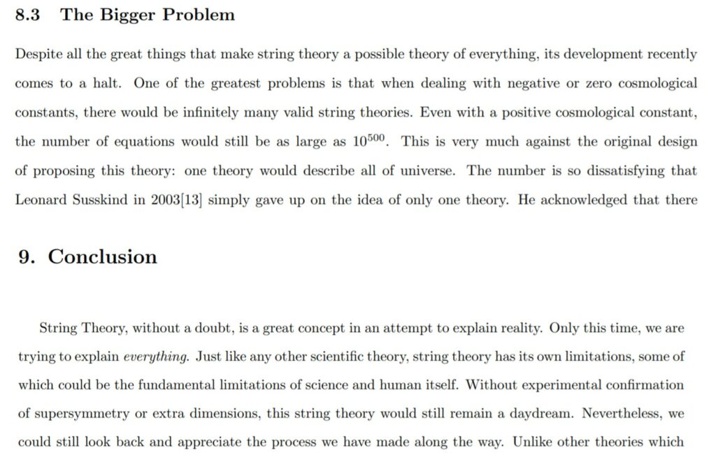 Excerpt from the student’s final research paper on the topic of ‘A Brief Overview of Modern Physics and String Theory’
